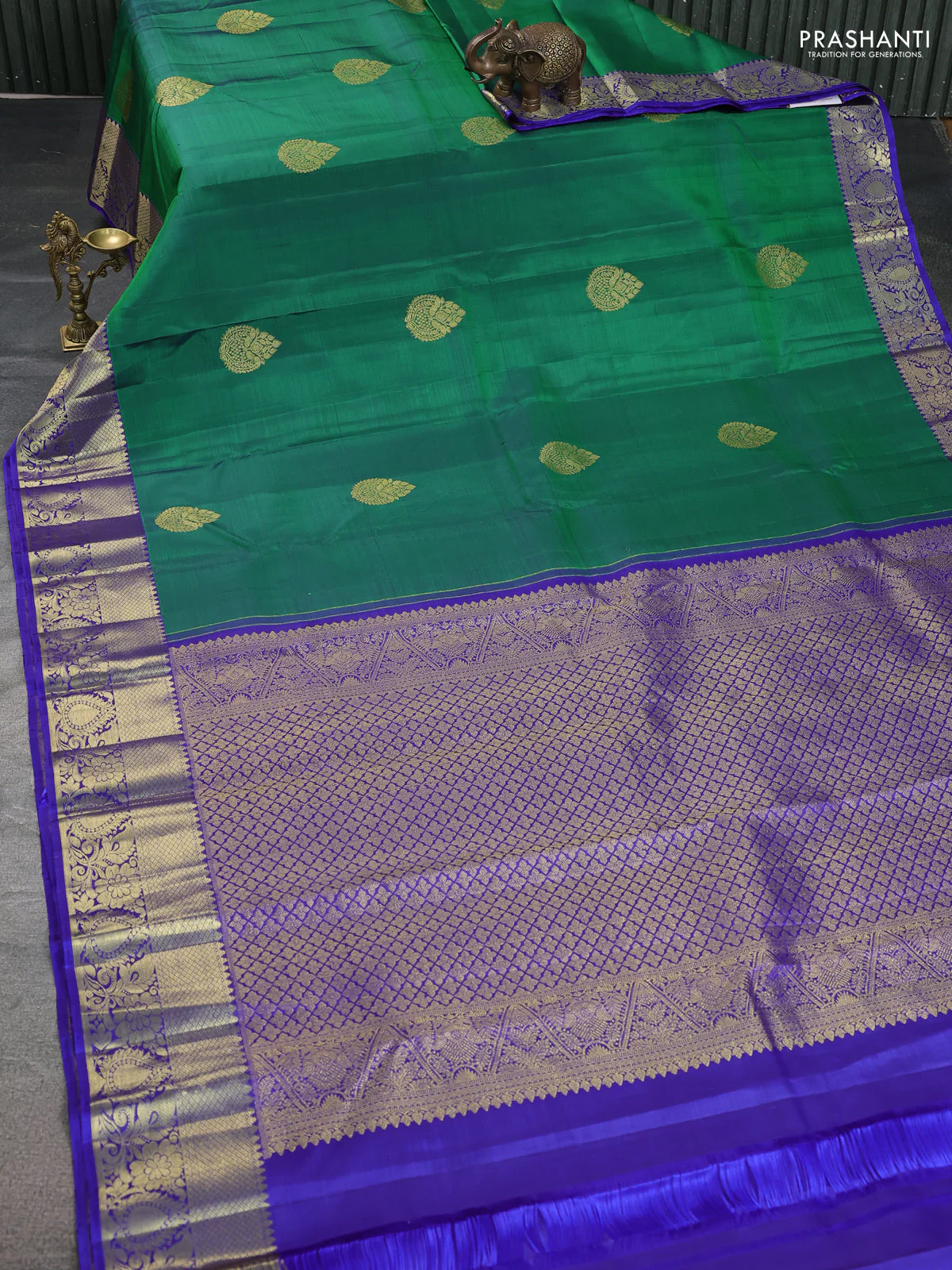 Pure kanchipuram silk saree green and royal blue with zari woven buttas and zari woven border - Image 2