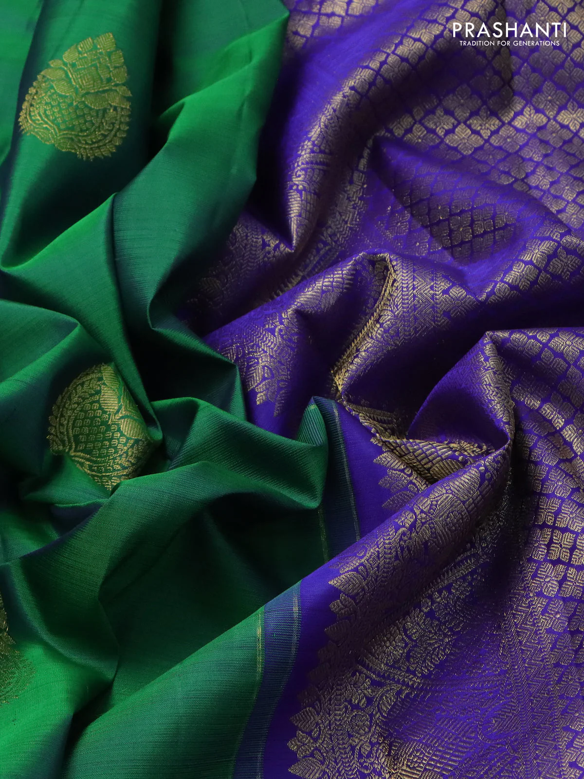 Pure kanchipuram silk saree green and royal blue with zari woven buttas and zari woven border - Image 3