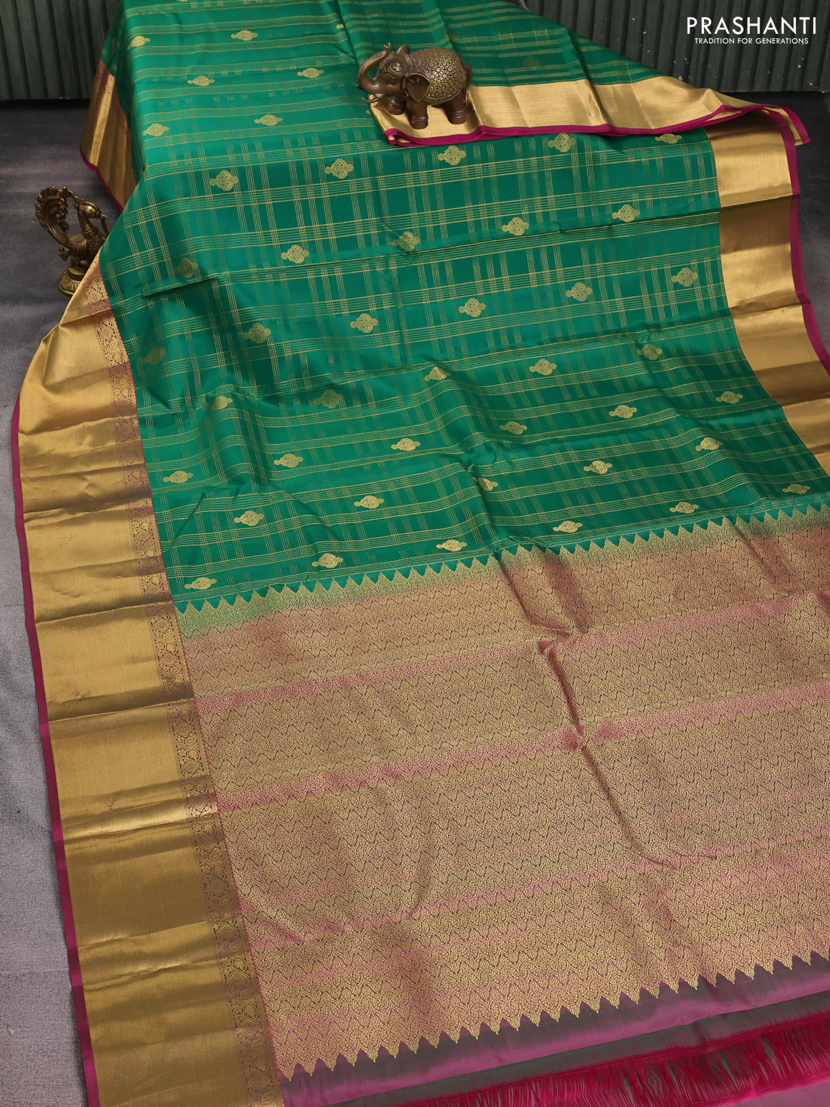 Pure kanchipuram silk saree green and wine shade with allover zari checks & buttas and rich zari woven border - Image 2