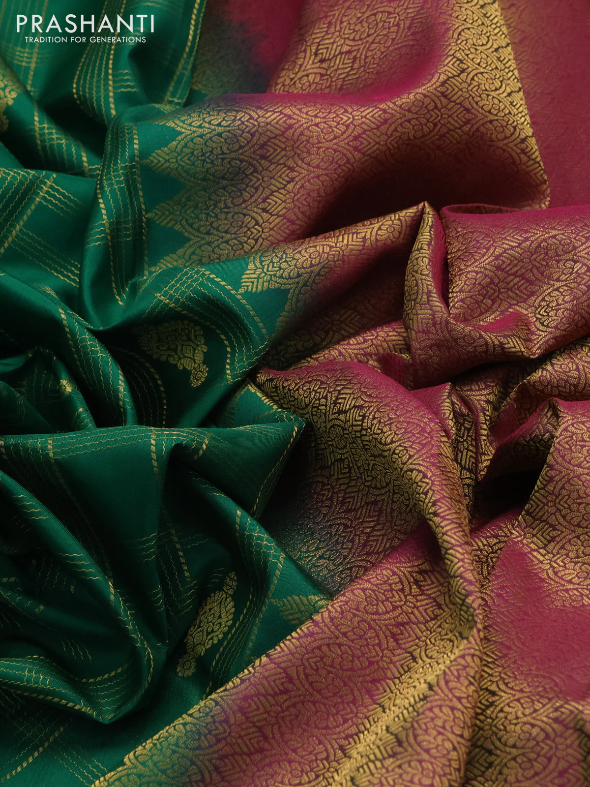 Pure kanchipuram silk saree green and wine shade with allover zari checks & buttas and rich zari woven border - Image 3