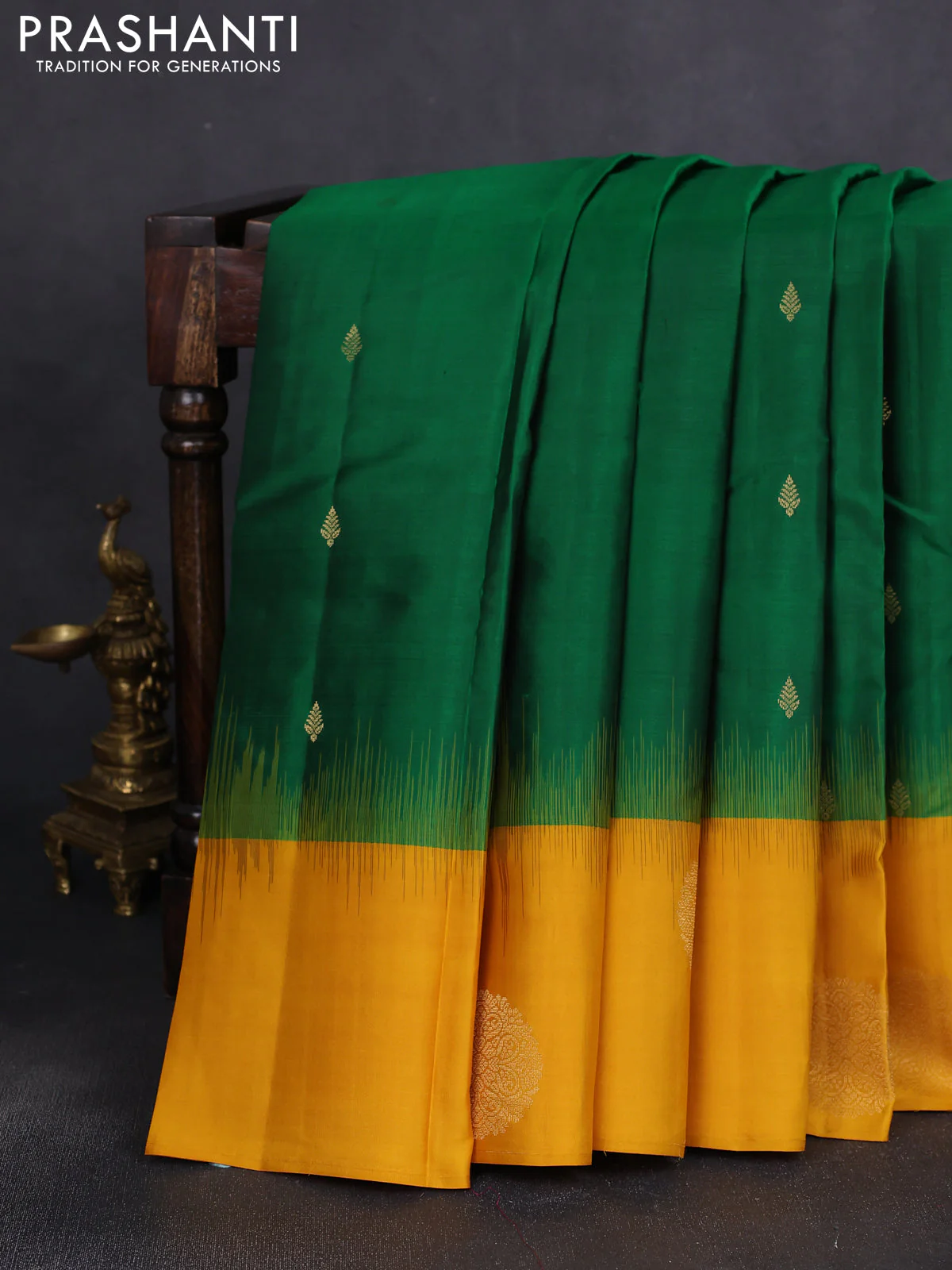 Pure kanchipuram silk saree green and yellow with zari woven buttas and zari woven butta border