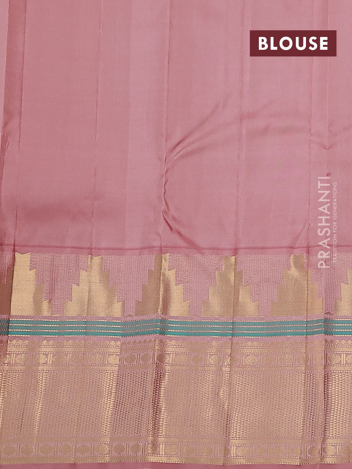 Pure kanchipuram silk saree green shade and pastel peach with paisley zari woven buttas and long temple design zari woven korvai border - Image 3