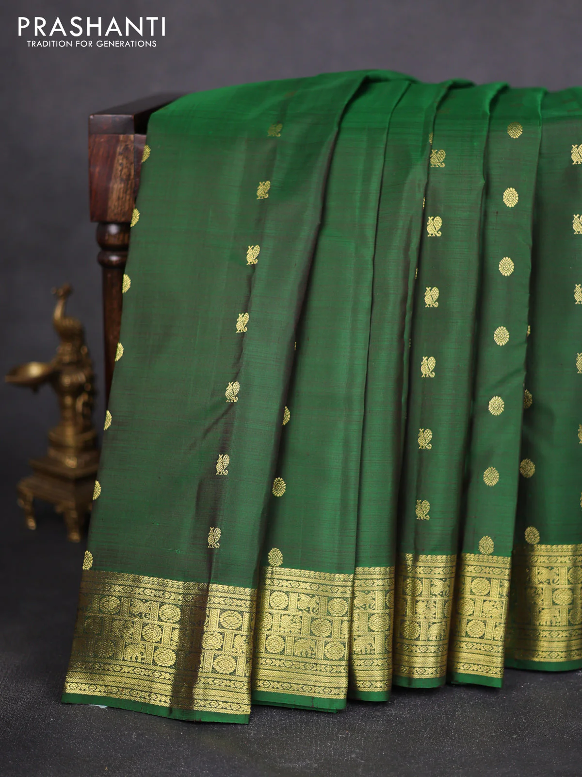 Pure kanchipuram silk saree green with allover annam zari woven buttas and zari woven border - Image 2