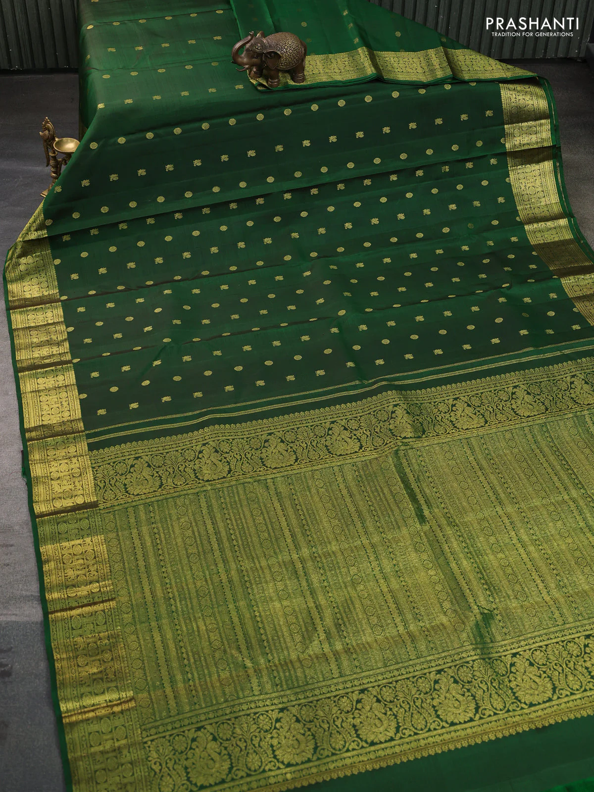 Pure kanchipuram silk saree green with allover annam zari woven buttas and zari woven border - Image 3