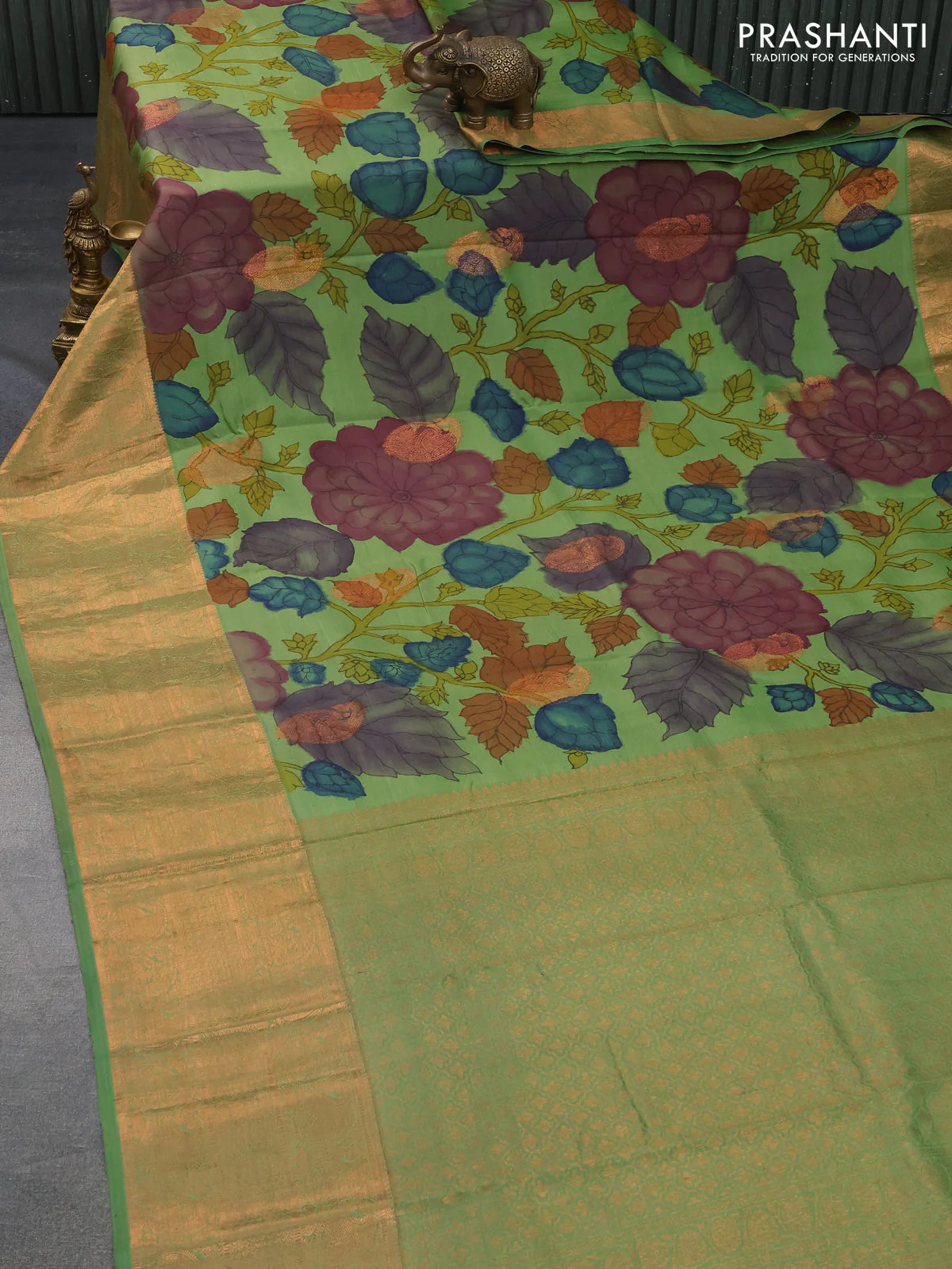 Pure kanchipuram silk saree green with allover pen kalamkari prints and copper zari woven border - Image 2
