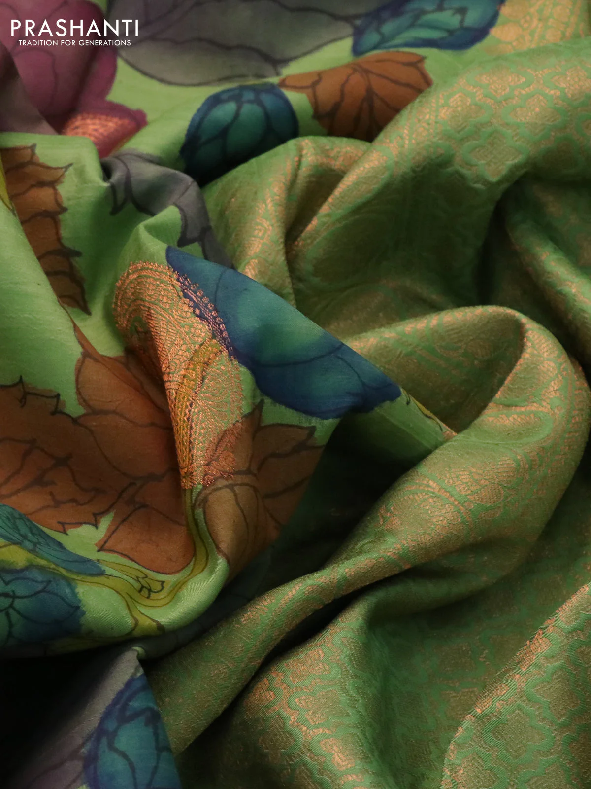 Pure kanchipuram silk saree green with allover pen kalamkari prints and copper zari woven border - Image 3