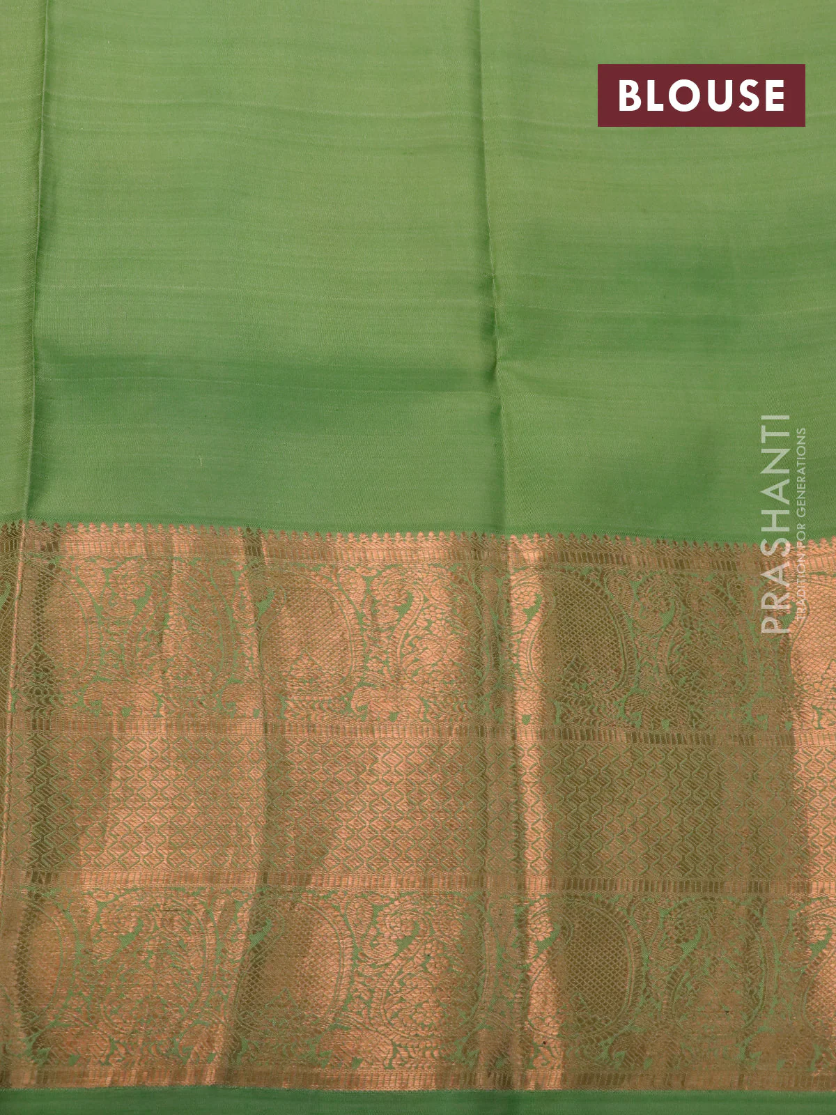 Pure kanchipuram silk saree green with allover pen kalamkari prints and copper zari woven border - Image 4