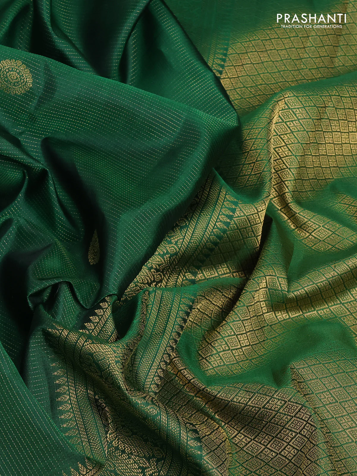 Pure kanchipuram silk saree green with allover zari weaves & buttas and zari woven border - Image 3
