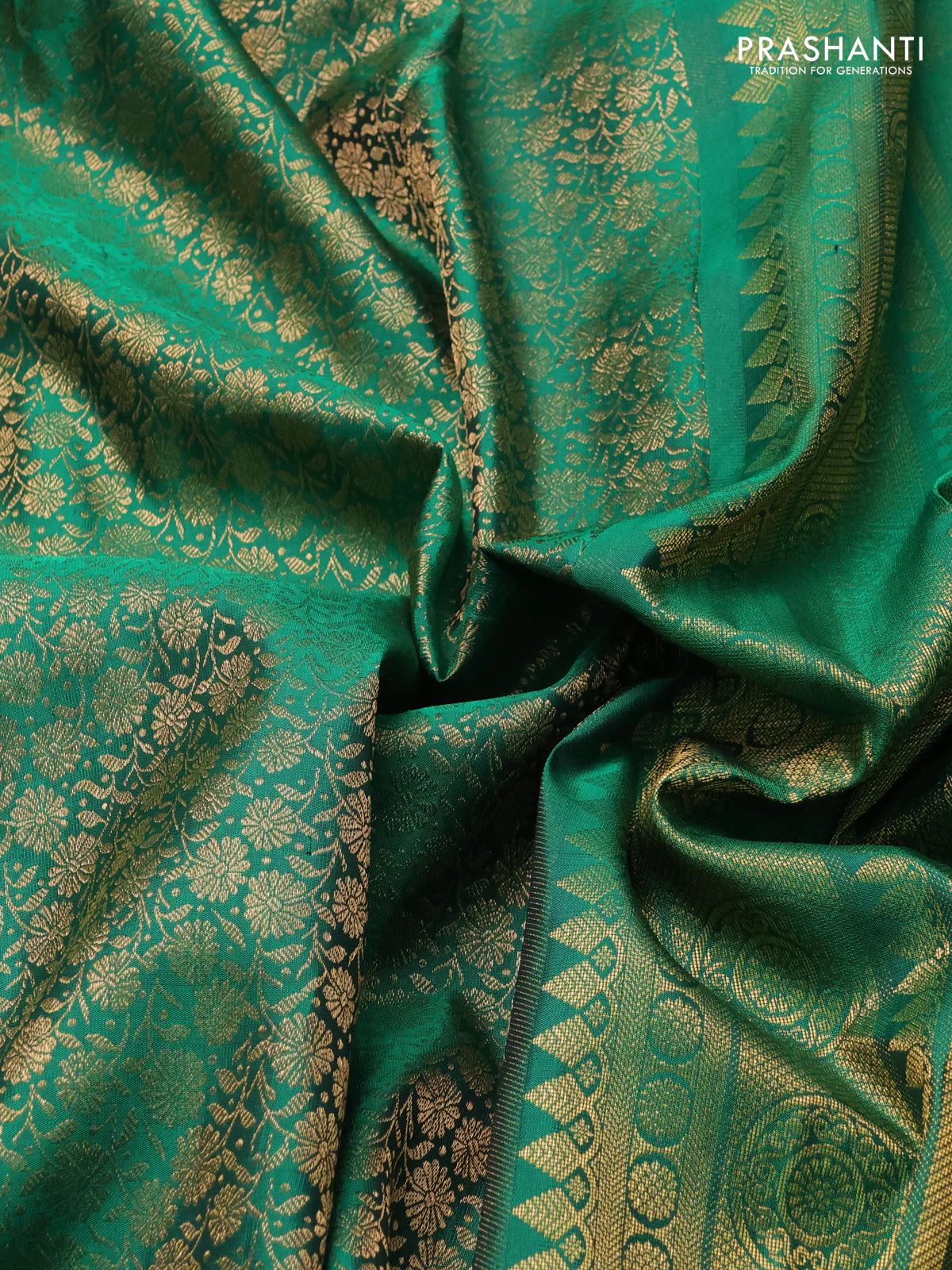 Pure kanchipuram silk saree green with allover zari woven brocade weaves and krishnar weaving pallu - Image 3
