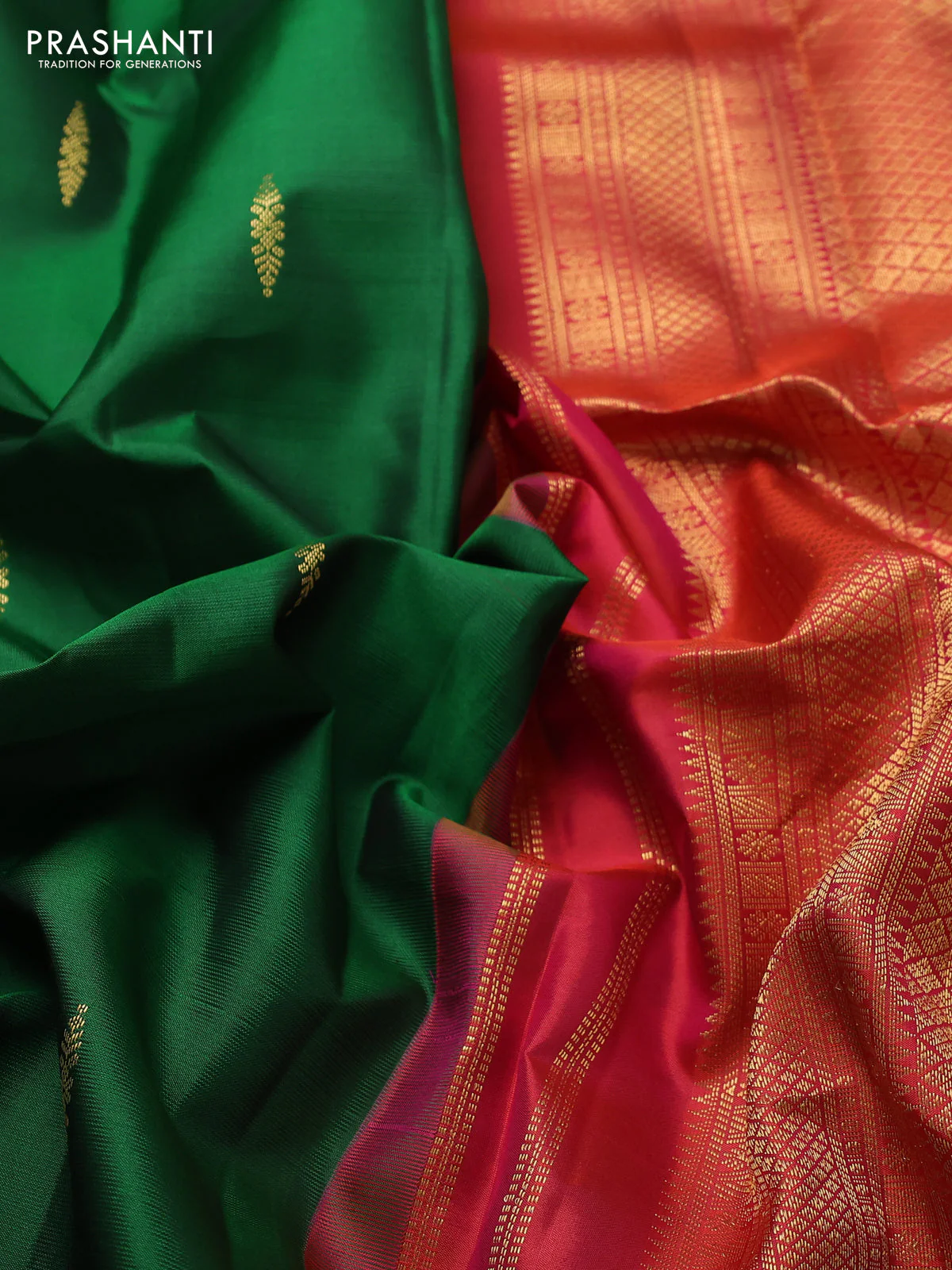 Pure kanchipuram silk saree green with zari woven buttas and ganga jamuna border - Image 3