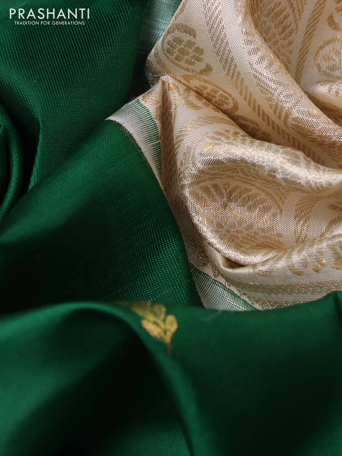 Pure kanchipuram silk saree green with zari woven buttas and ganga jamuna border - Image 3