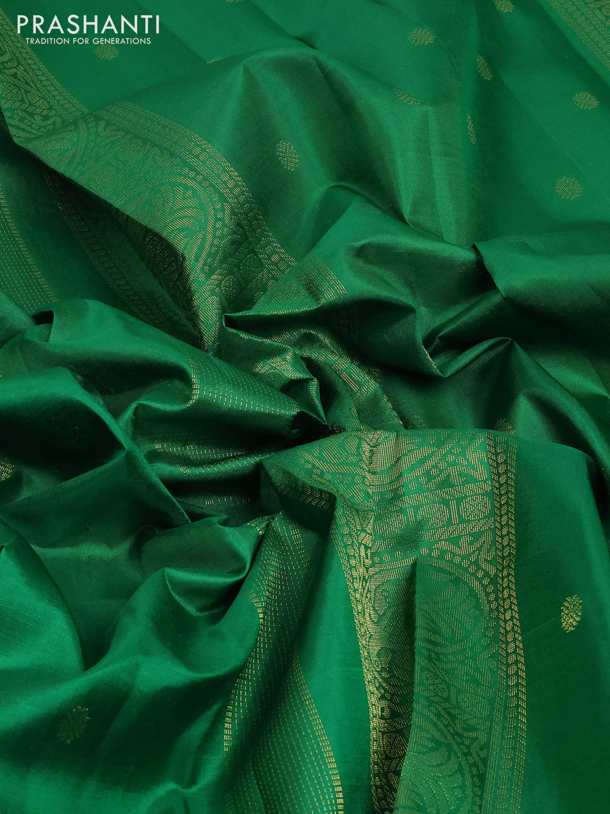 Pure kanchipuram silk saree green with zari woven buttas and rich zari woven border - Image 3
