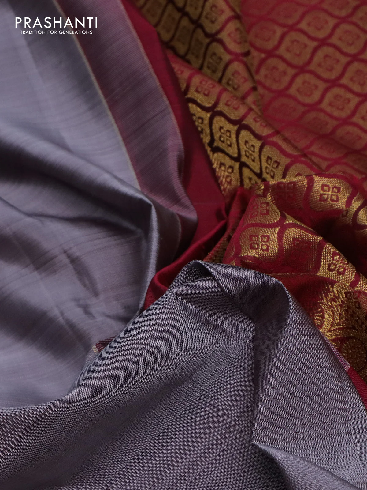 Pure kanchipuram silk saree grey and dark pink with zari woven annam buttas and long zari woven border - Image 3