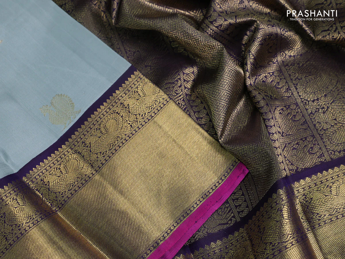 Pure kanchipuram silk saree grey and dual shade of jamun with annam & rudhraksha zari woven buttas and rich zari woven korvai border - Image 3