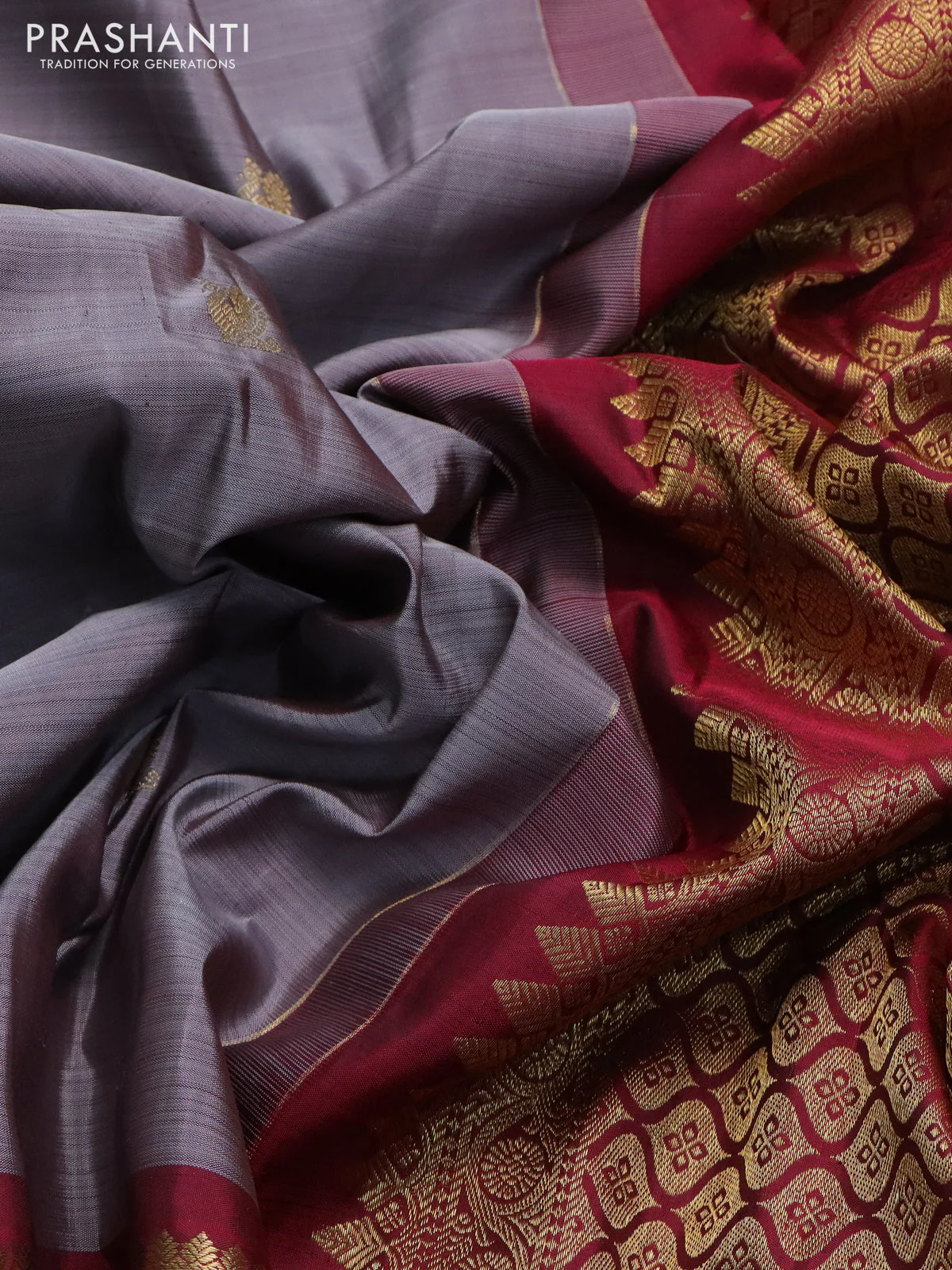 Pure kanchipuram silk saree grey and maroon with zari woven buttas and long zari woven border - Image 3