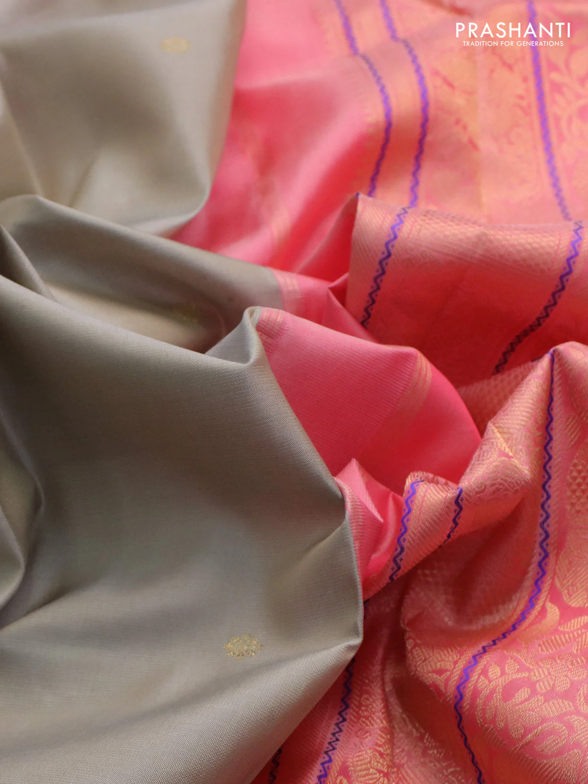 Pure kanchipuram silk saree grey and peach pink with zari woven buttas and rettapet zari woven border - Image 3
