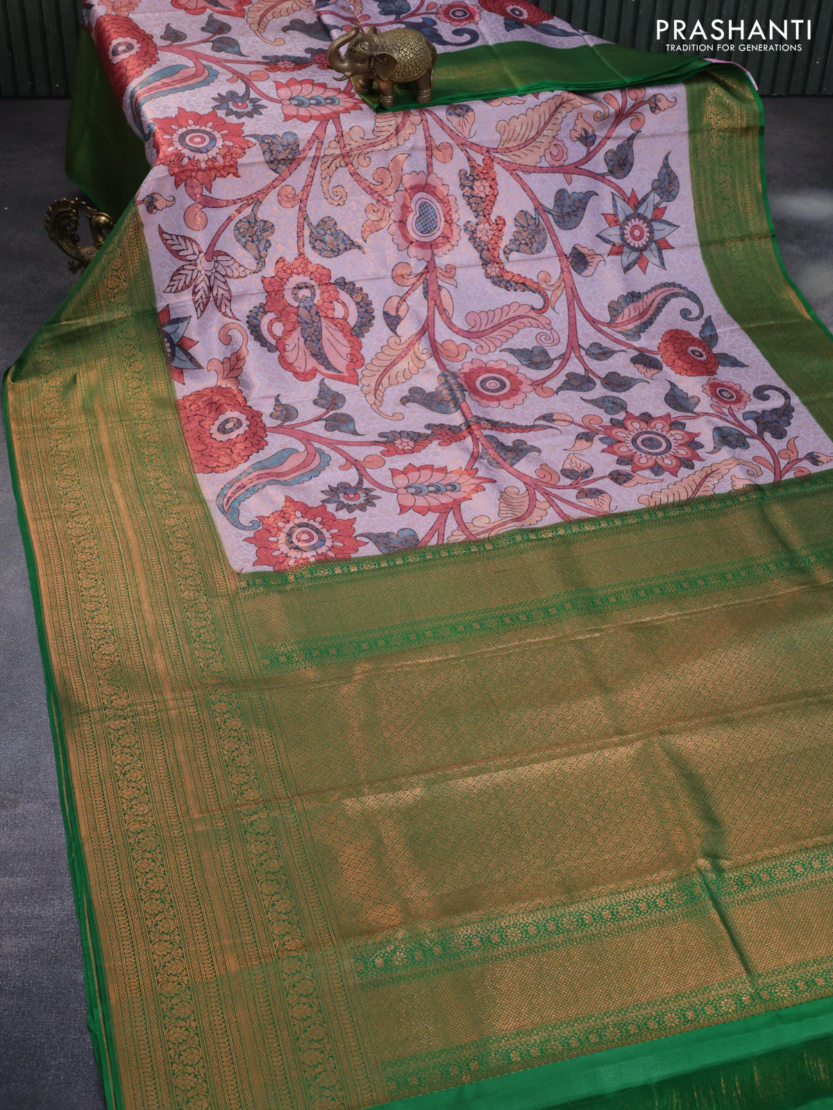 Pure kanchipuram silk saree grey shade and green with allover copper zari weaves & kalamkari digital prints and long zari woven border - Image 2