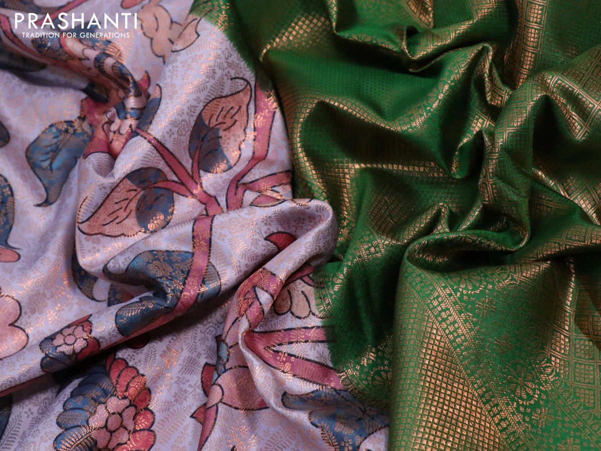 Pure kanchipuram silk saree grey shade and green with allover copper zari weaves & kalamkari digital prints and long zari woven border - Image 3
