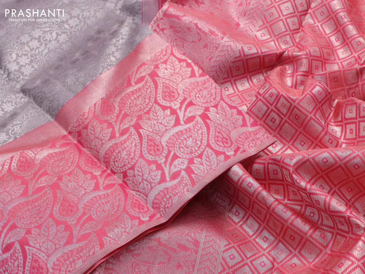 Pure kanchipuram silk saree grey shade and pink with allover silver zari woven brocade weaves and long silver zari woven border - Image 3