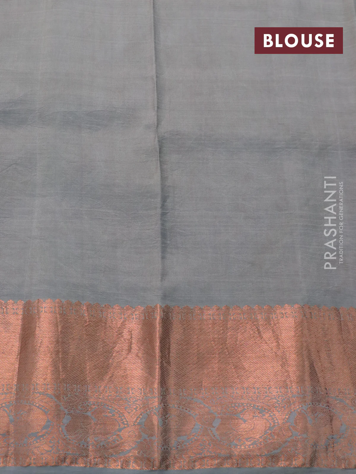 Pure kanchipuram silk saree grey shade with allover pen kalamkari prints & zari buttas and copper zari woven border - Image 4