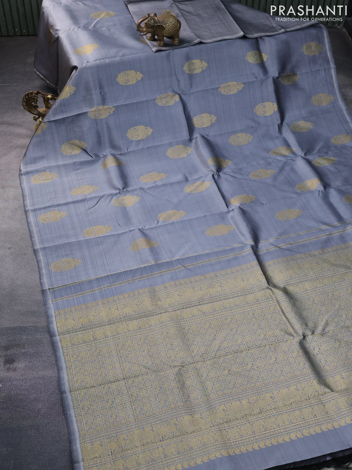 Pure kanchipuram silk saree grey with zari woven buttas in borderless style - Image 2