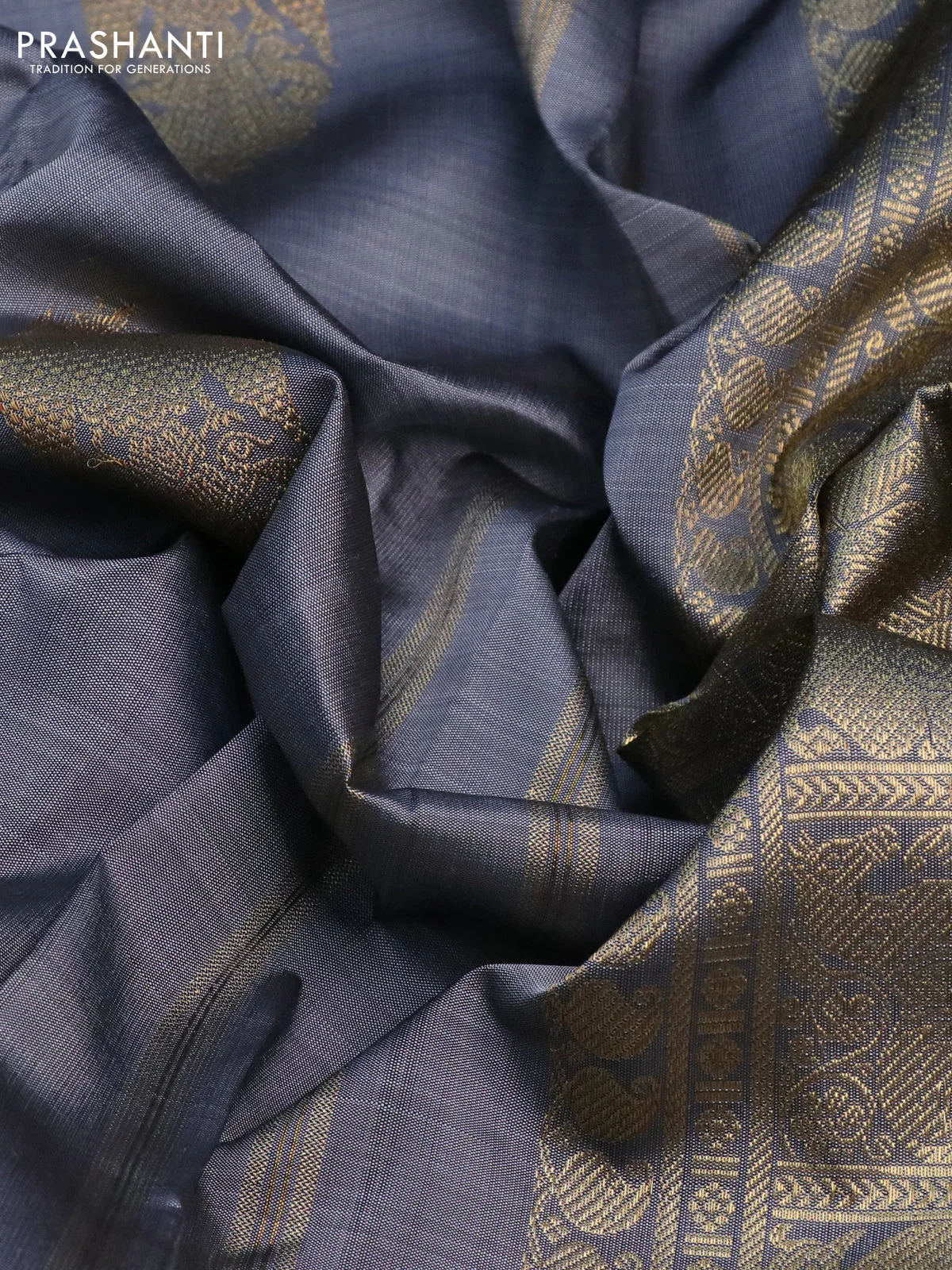 Pure kanchipuram silk saree grey with zari woven buttas in borderless style - Image 3