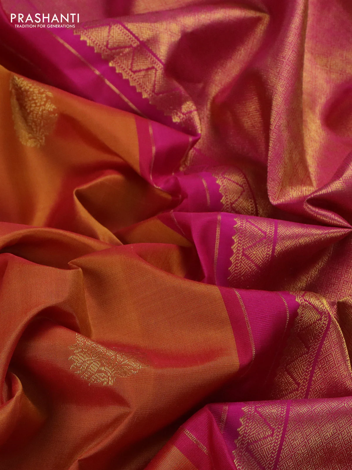 Pure kanchipuram silk saree honey shade and pink with zari woven buttas and long zari woven butta border - Image 3