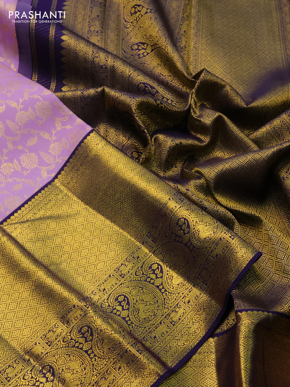 Pure kanchipuram silk saree lavender and navy blue with allover zari woven brocade weaves and zari woven border - Image 3