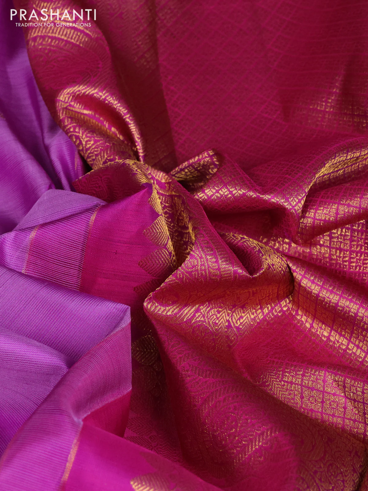 Pure kanchipuram silk saree lavender and pink with zari woven buttas and long rich zari woven border - Image 3