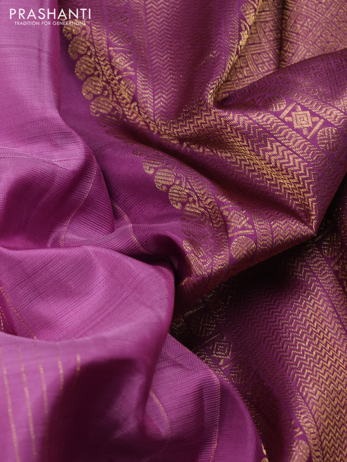 Pure kanchipuram silk saree lavender and purple shade with allover zari woven stripes pattern and zari woven butta border - Image 3