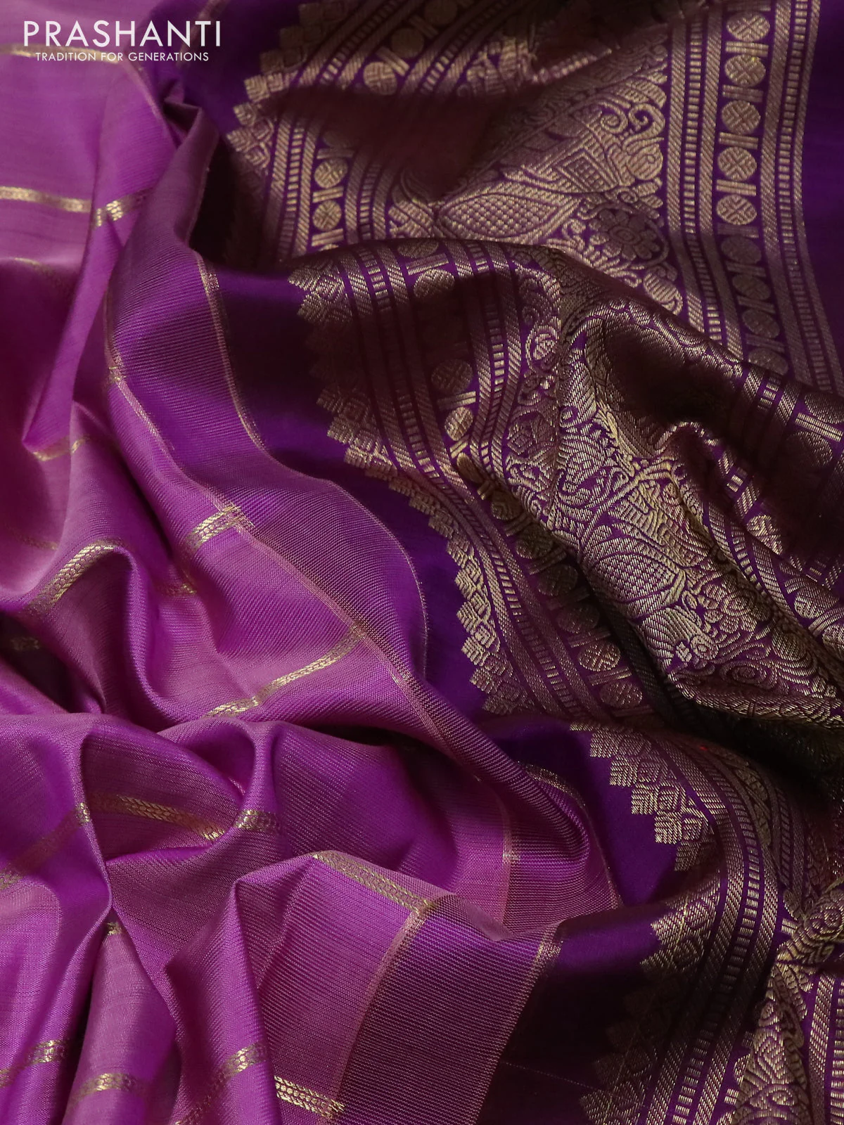 Pure kanchipuram silk saree lavender and purple with allover zari woven strip pattern and rich zari woven border - Image 3