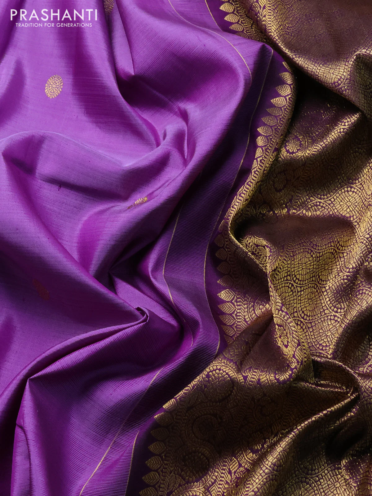 Pure kanchipuram silk saree lavender and purple with zari woven buttas and rich zari woven border - Image 3