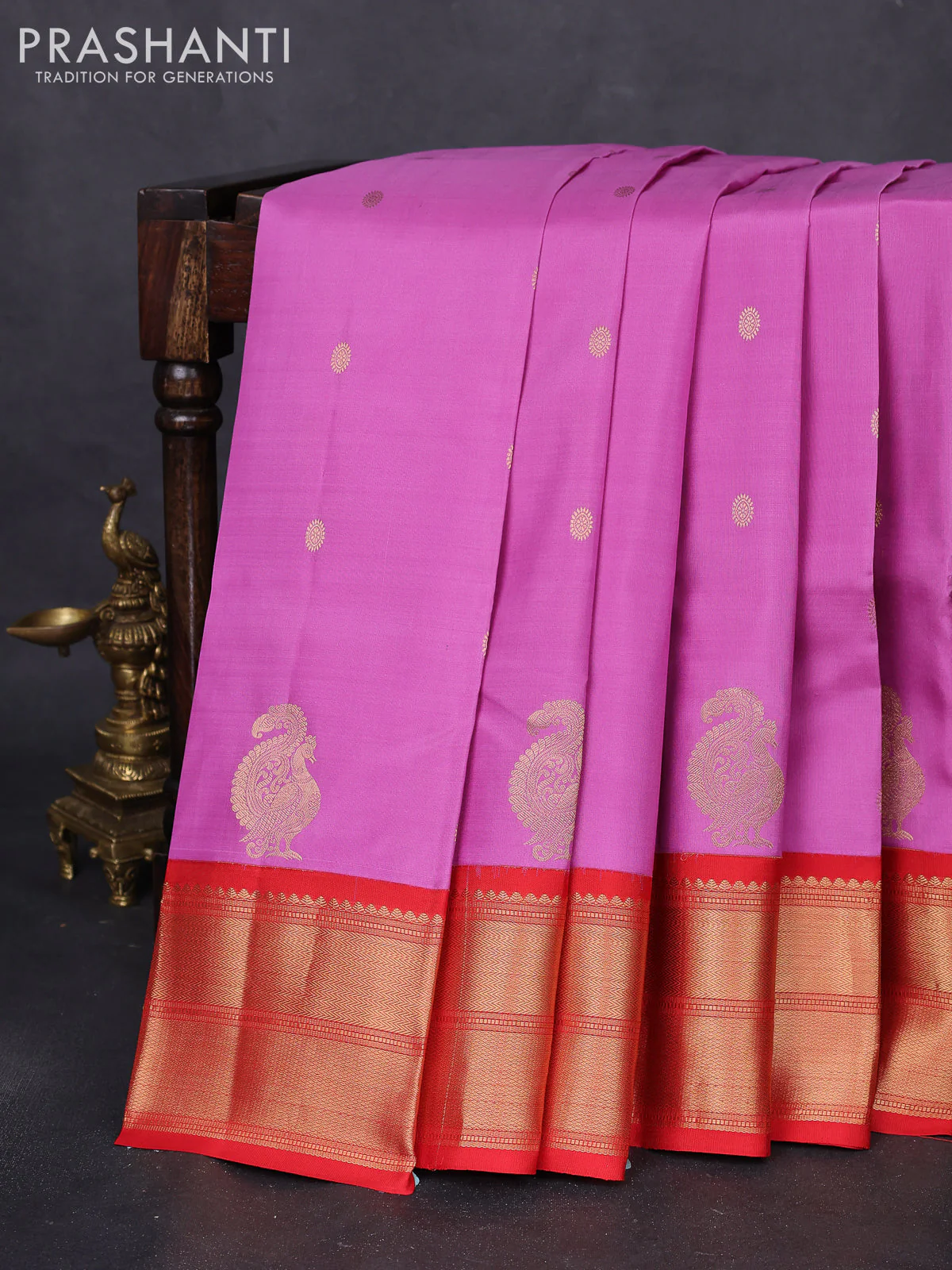 Pure kanchipuram silk saree lavender and red with zari woven buttas and zari woven korvai border