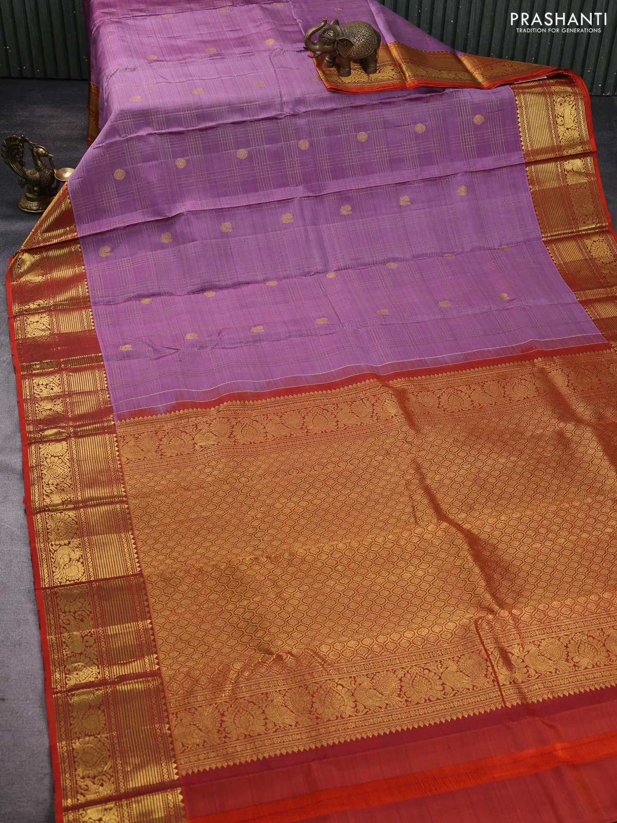 Pure kanchipuram silk saree lavender and rustic orange with allover zari checks & buttas and zari woven border - Image 2