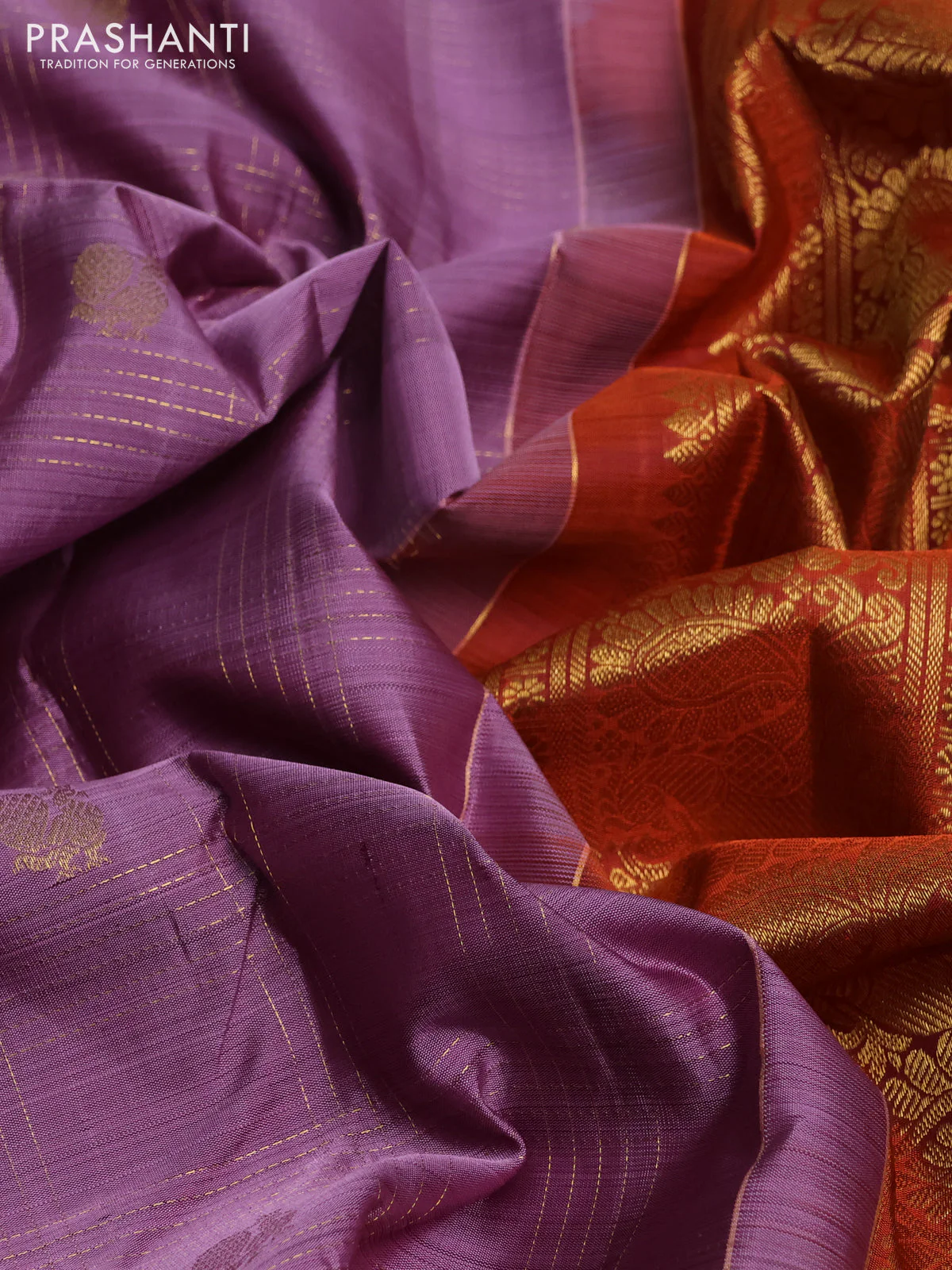 Pure kanchipuram silk saree lavender and rustic orange with allover zari checks & buttas and zari woven border - Image 3