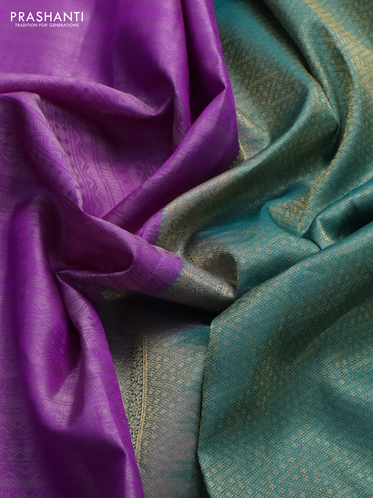 Pure kanchipuram silk saree lavender and teal green with allover self emboss and zari woven border - Image 3