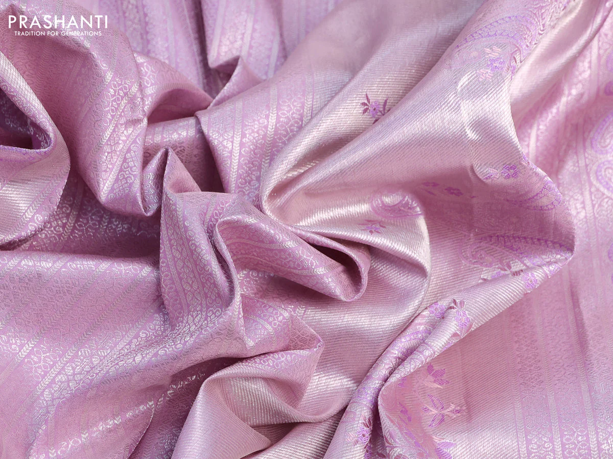 Pure kanchipuram silk saree lavender shade with allover silver zari woven brocade weaves and silver zari woven border - Image 5