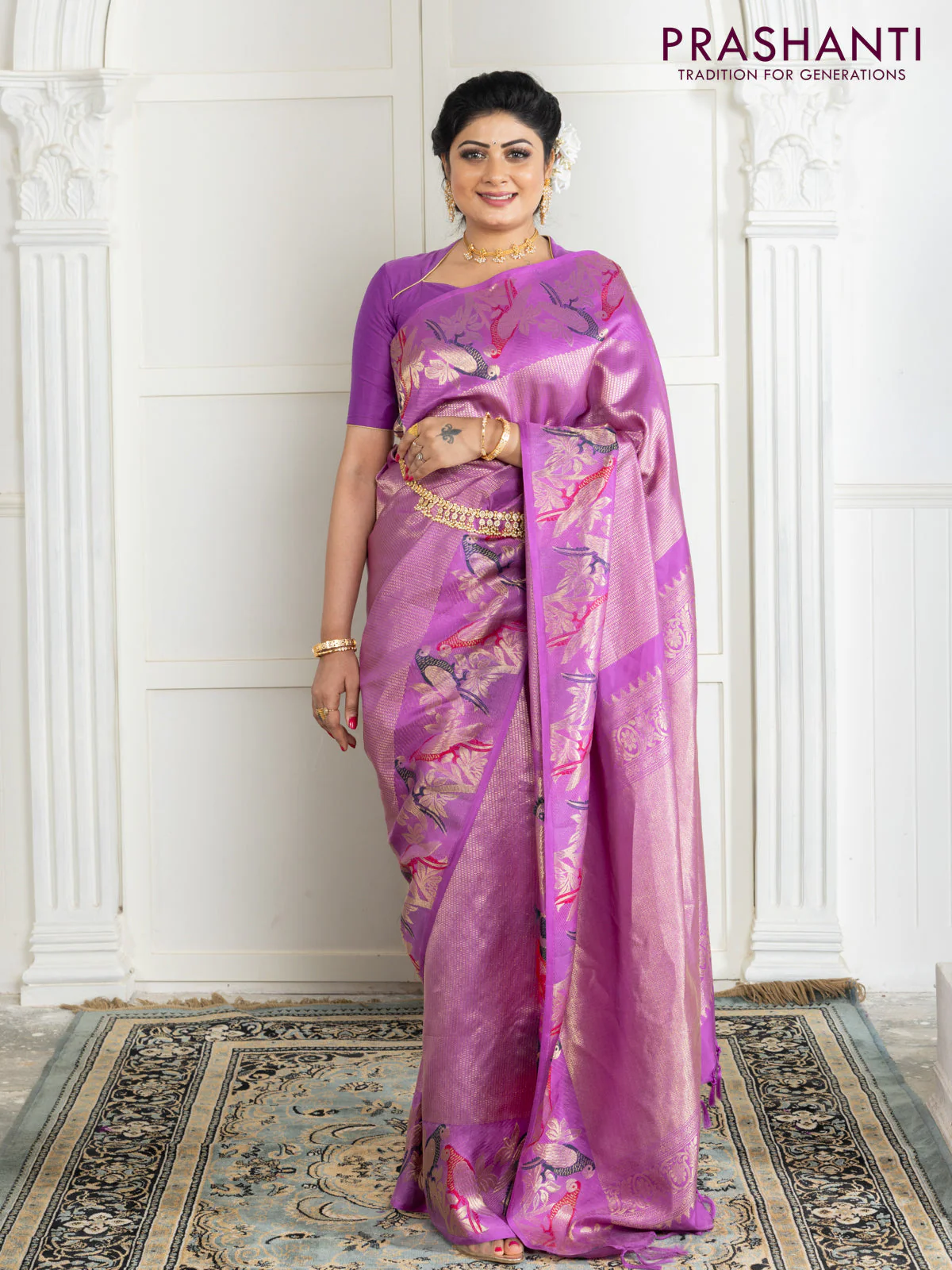 Pure kanchipuram silk saree lavender with allover zari woven brocade weaves and parrot design zari woven border - Image 2