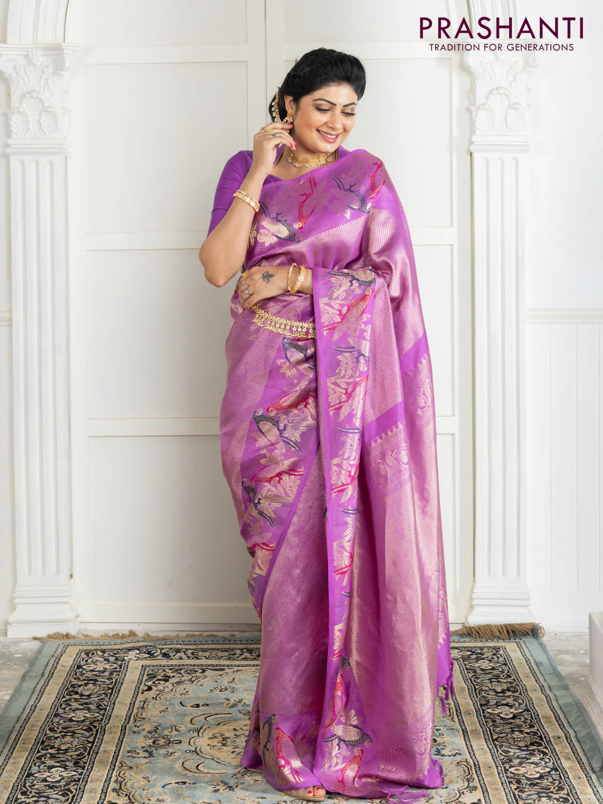 Pure kanchipuram silk saree lavender with allover zari woven brocade weaves and parrot design zari woven border - Image 3