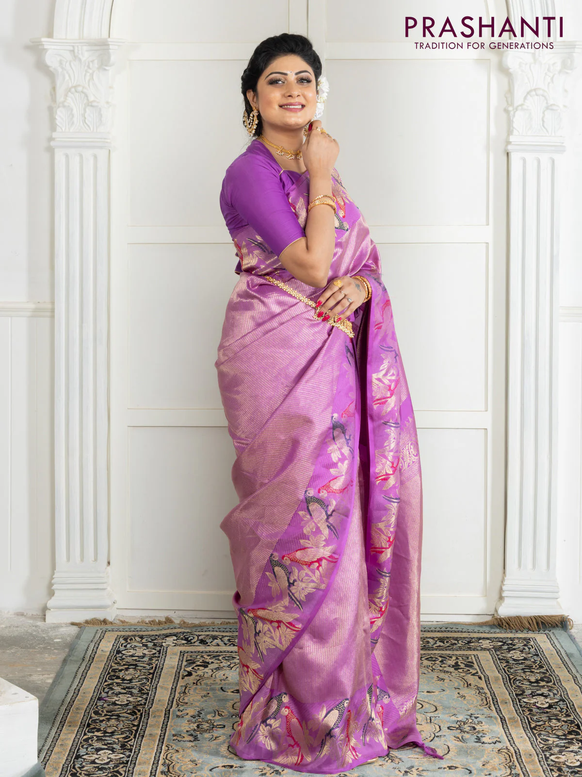 Pure kanchipuram silk saree lavender with allover zari woven brocade weaves and parrot design zari woven border - Image 4