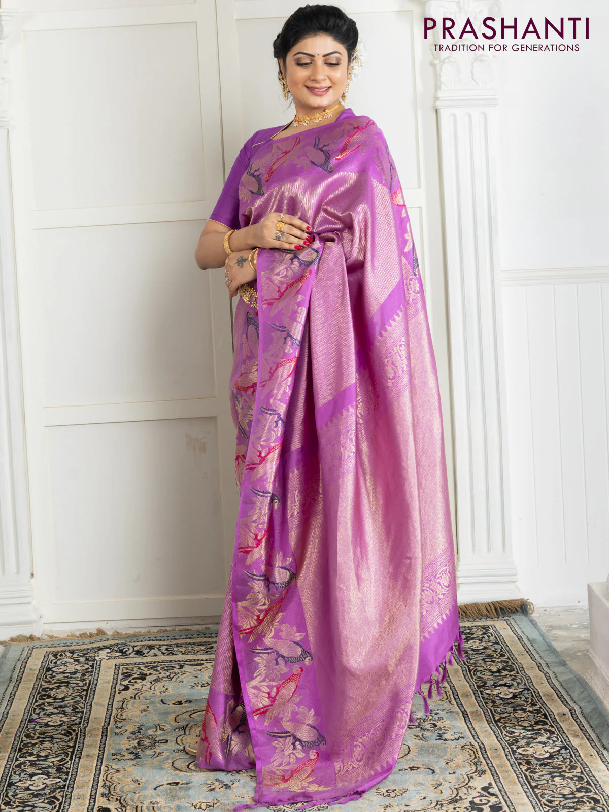 Pure kanchipuram silk saree lavender with allover zari woven brocade weaves and parrot design zari woven border - Image 5