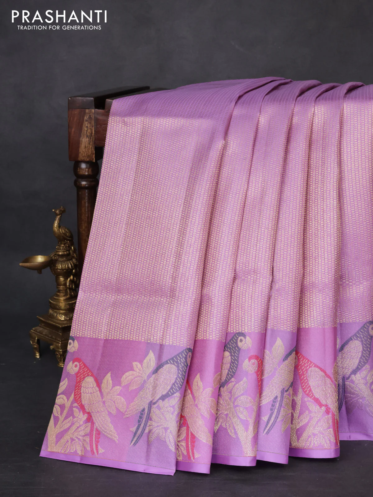 Pure kanchipuram silk saree lavender with allover zari woven brocade weaves and parrot design zari woven border - Image 6