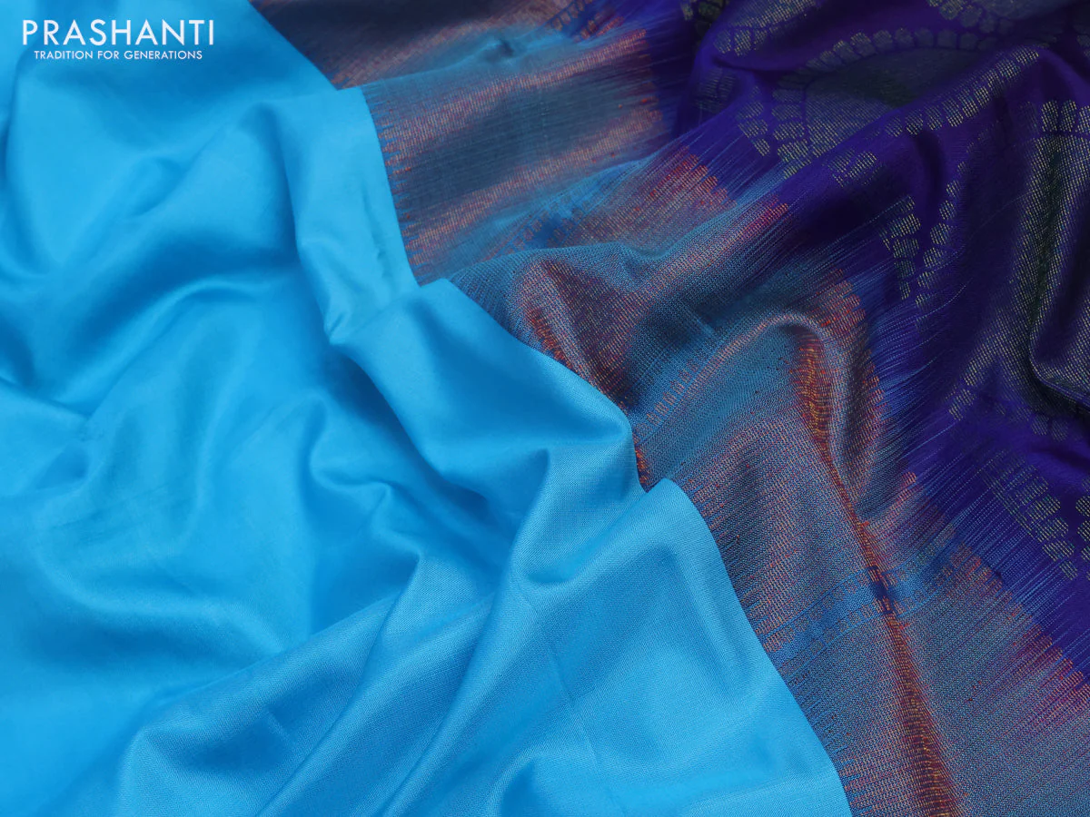 Pure kanchipuram silk saree light blue and dark blue with zari woven geometric buttas and piping border - aari work blouse - Image 3