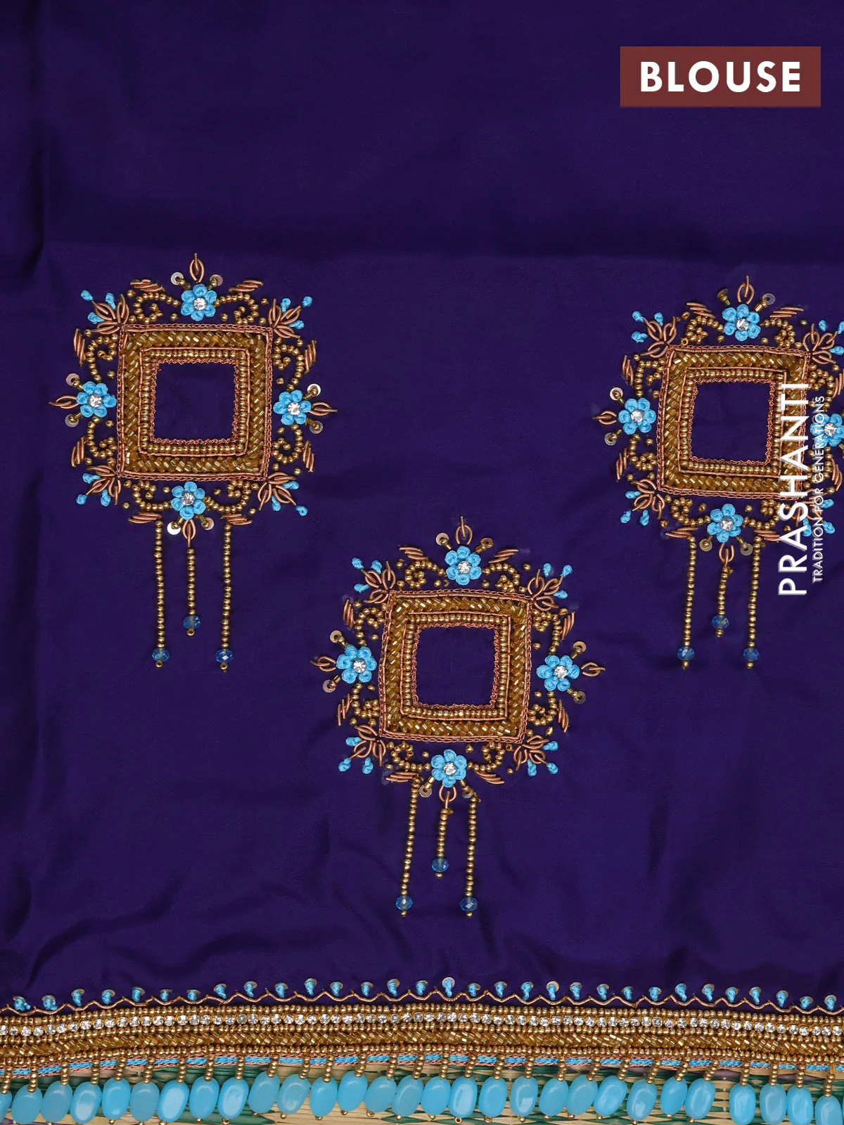 Pure kanchipuram silk saree light blue and dark blue with zari woven geometric buttas and piping border - aari work blouse - Image 4