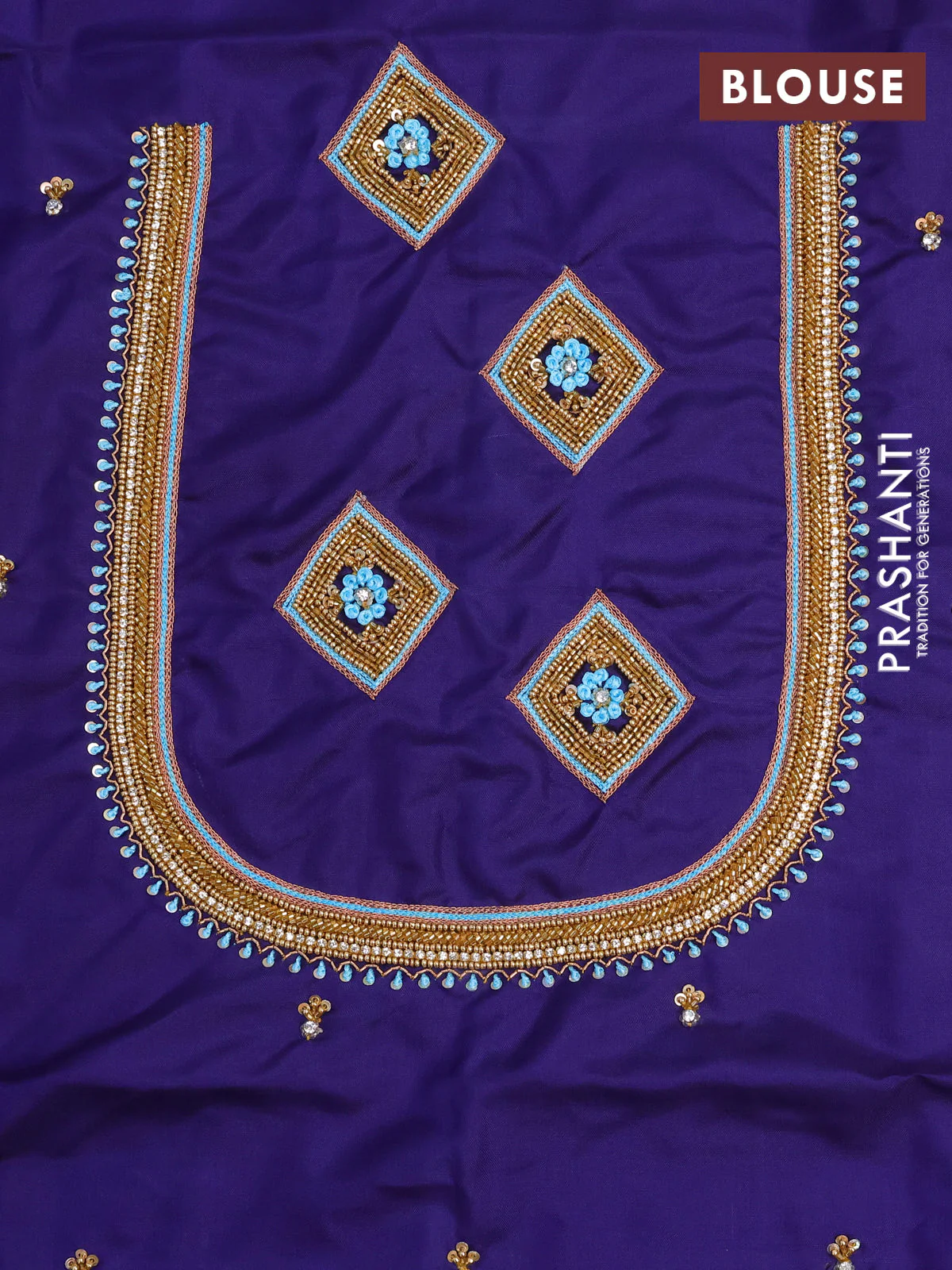 Pure kanchipuram silk saree light blue and dark blue with zari woven geometric buttas and piping border - aari work blouse - Image 5