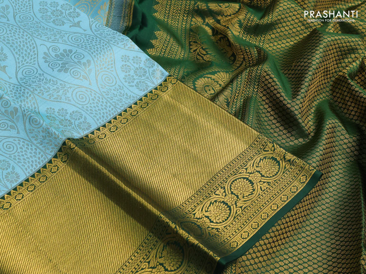 Pure kanchipuram silk saree light blue and green with allover zari woven brocade weaves and zari woven border - Image 3