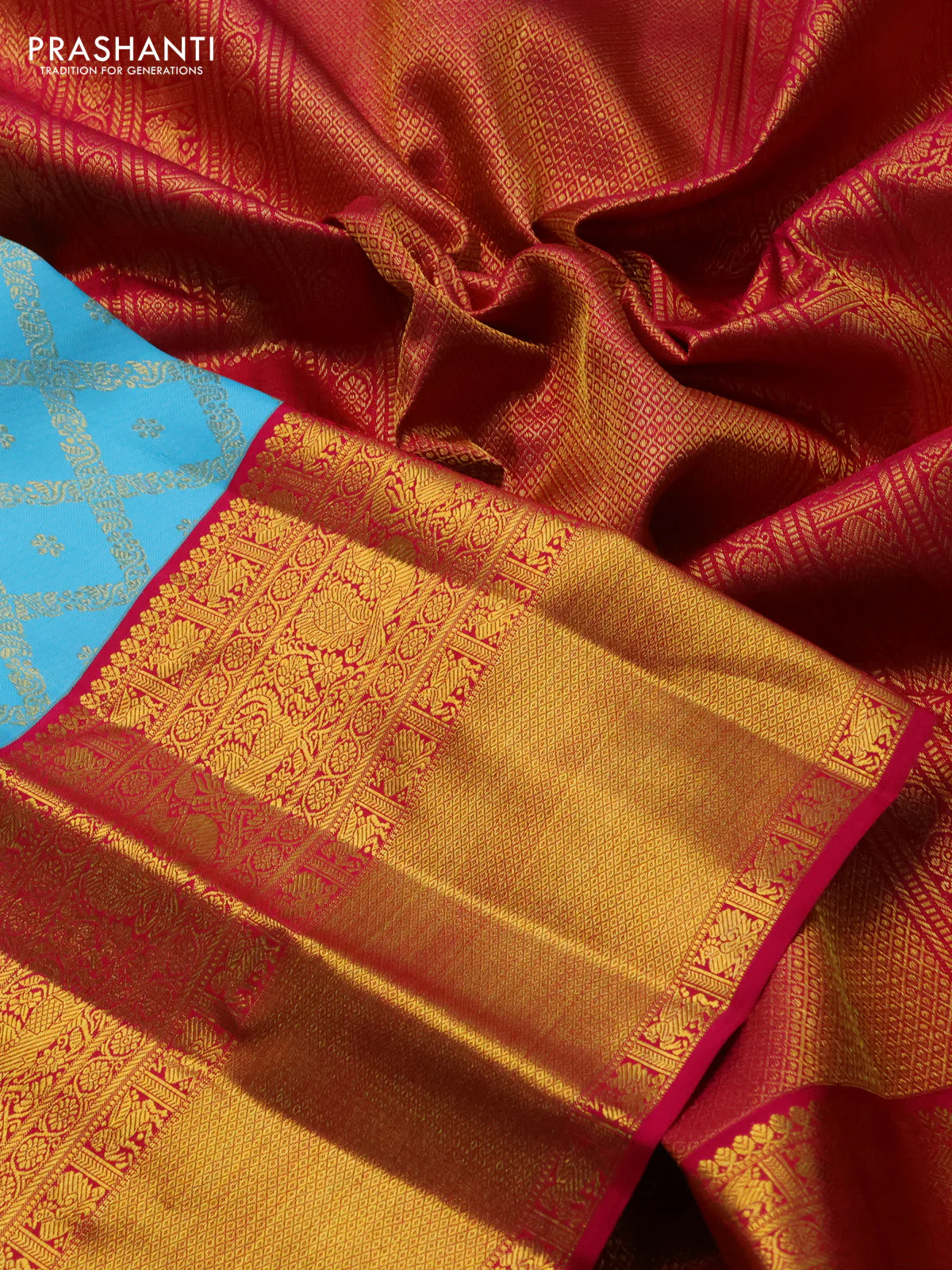 Pure kanchipuram silk saree light blue and pink with allover zari woven brocade weaves and long rich zari woven border - Image 3
