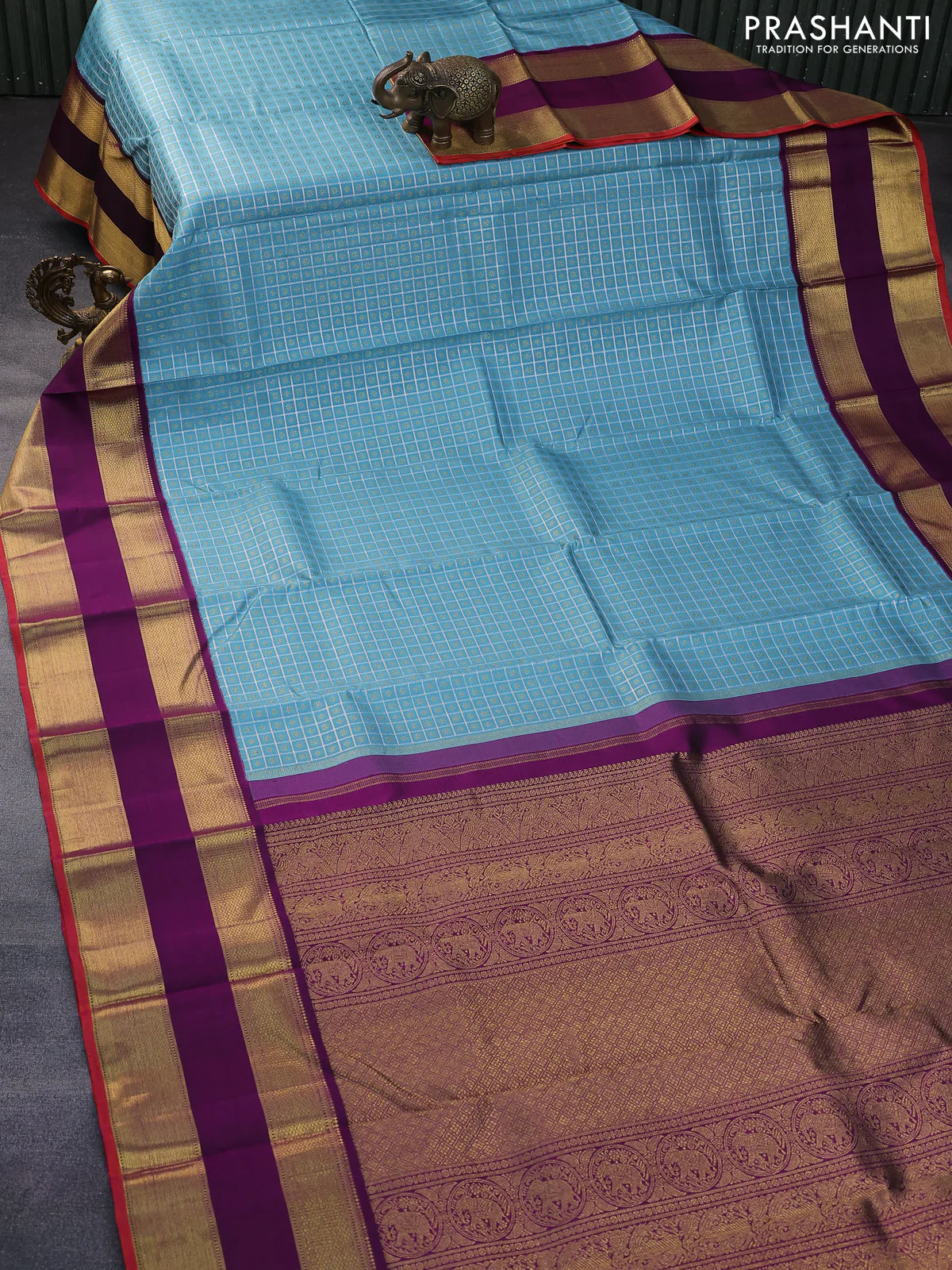 Pure kanchipuram silk saree light blue and purple with allover zari checks & 1000 buttas and rettapet zari woven korvai border - Image 2