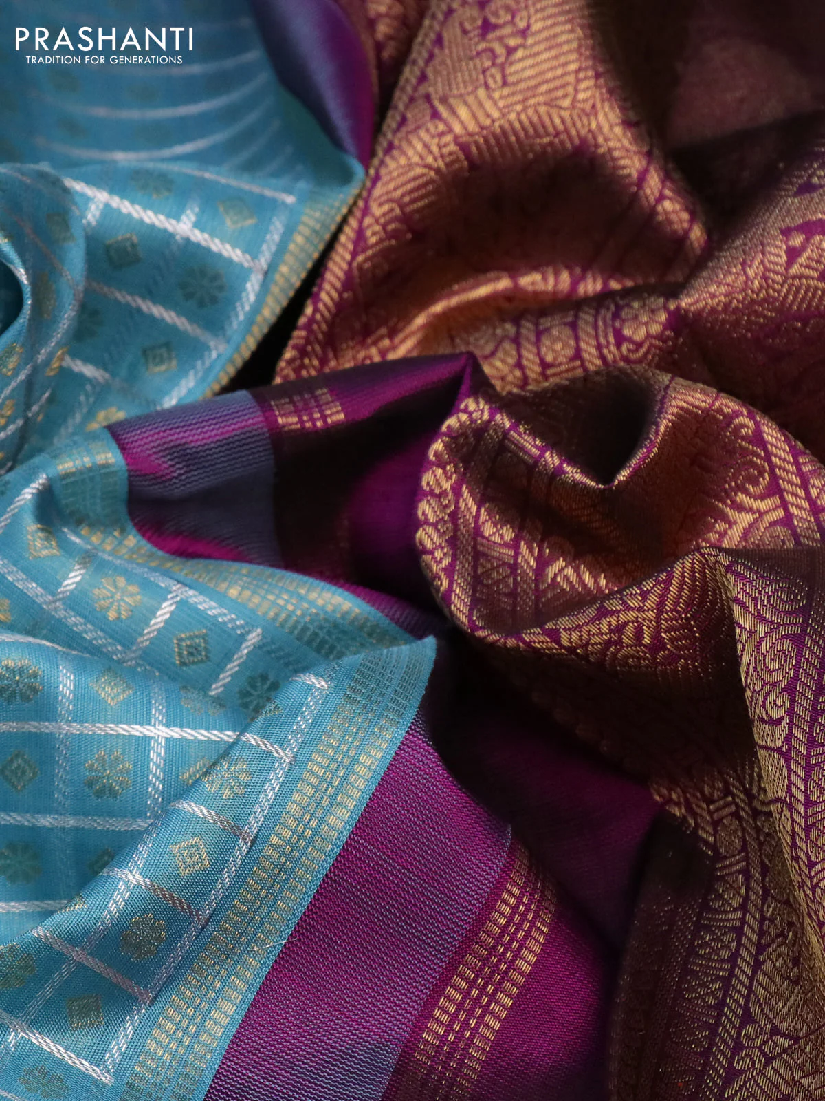 Pure kanchipuram silk saree light blue and purple with allover zari checks & 1000 buttas and rettapet zari woven korvai border - Image 3