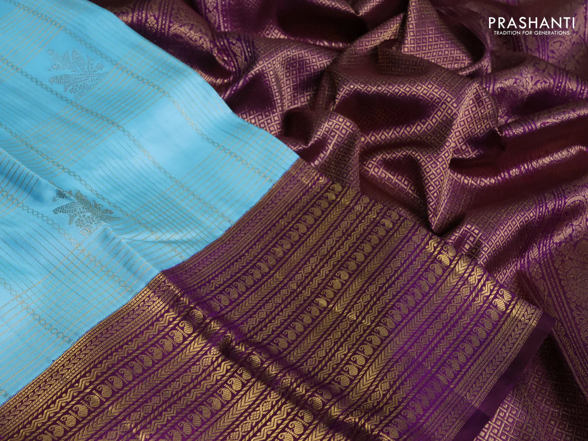 Pure kanchipuram silk saree light blue and purple with allover zari checks & buttas and long rich zari woven border - Image 3